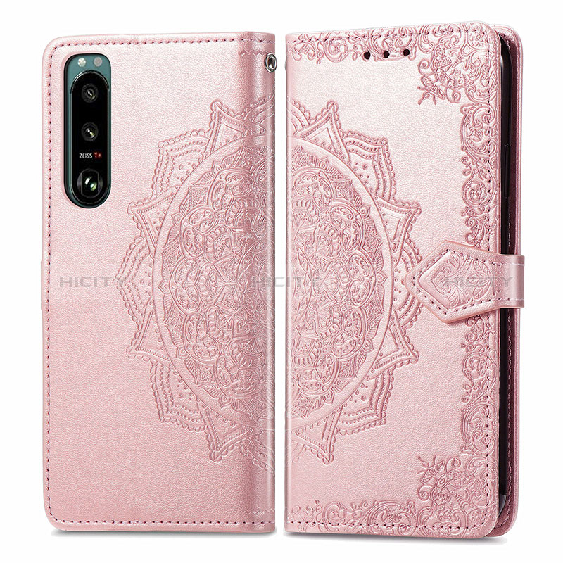 Funda de Cuero Cartera con Soporte Patron de Moda Carcasa para Sony Xperia 5 III SO-53B Oro Rosa