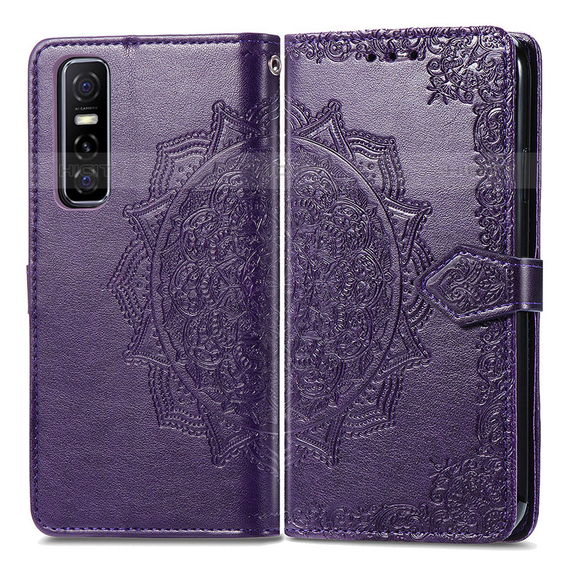 Funda de Cuero Cartera con Soporte Patron de Moda Carcasa para Vivo Y73s 5G Morado