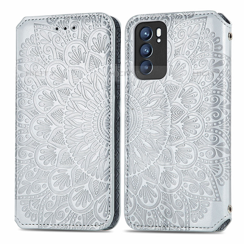 Funda de Cuero Cartera con Soporte Patron de Moda Carcasa S01D para Oppo Reno6 5G Plata