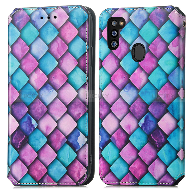 Funda de Cuero Cartera con Soporte Patron de Moda Carcasa S02D para Samsung Galaxy M21 Morado