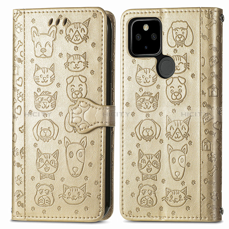 Funda de Cuero Cartera con Soporte Patron de Moda Carcasa S03D para Google Pixel 5a 5G Oro