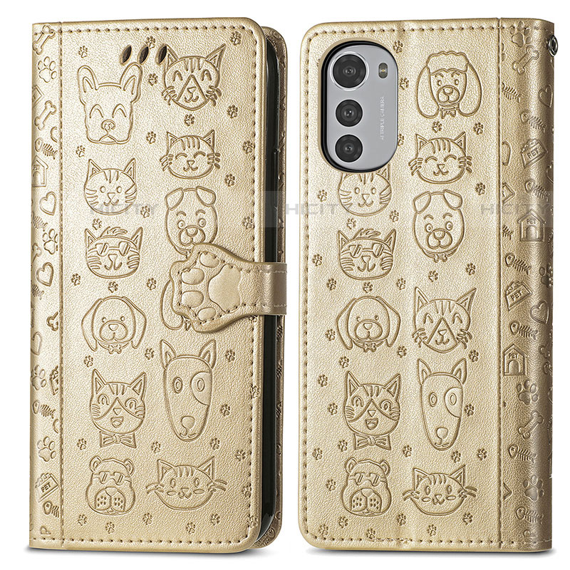 Funda de Cuero Cartera con Soporte Patron de Moda Carcasa S03D para Motorola Moto E32 Oro