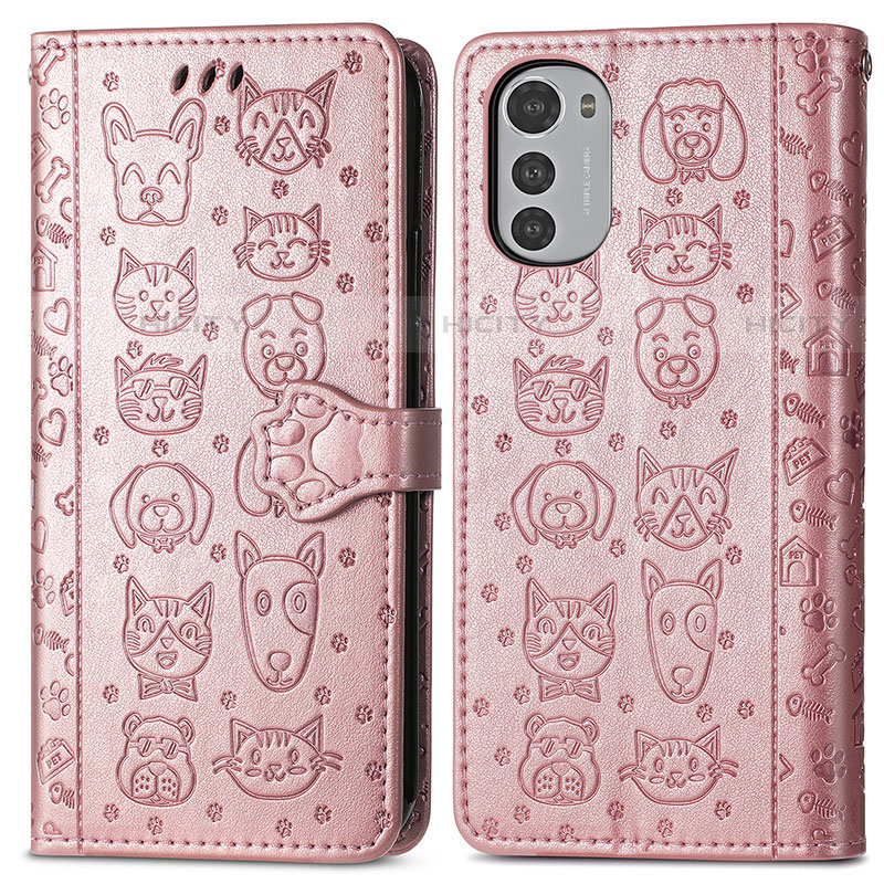 Funda de Cuero Cartera con Soporte Patron de Moda Carcasa S03D para Motorola Moto E32 Oro Rosa