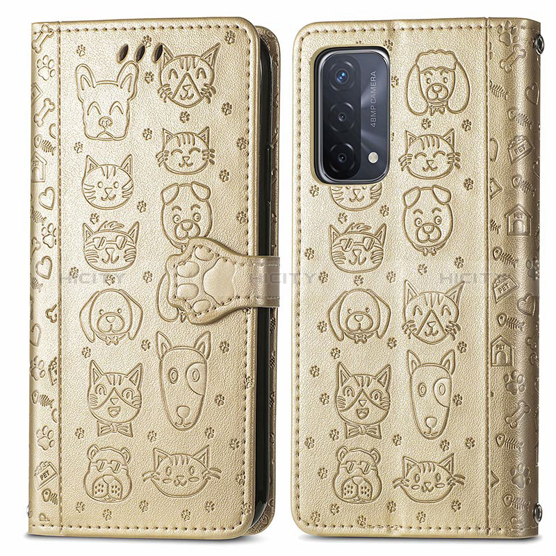 Funda de Cuero Cartera con Soporte Patron de Moda Carcasa S03D para Oppo A74 5G Oro