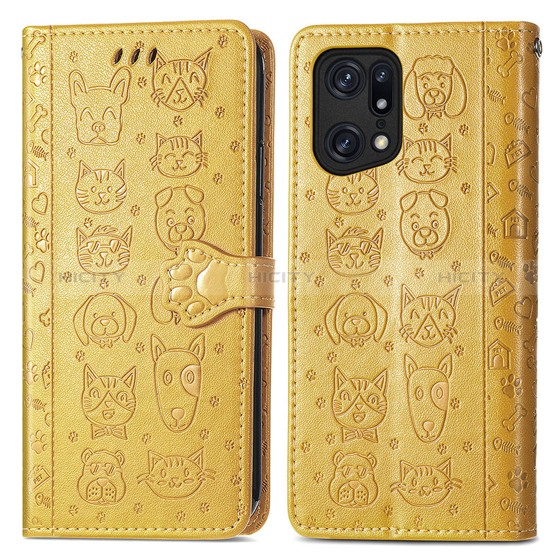 Funda de Cuero Cartera con Soporte Patron de Moda Carcasa S03D para Oppo Find X5 5G Amarillo