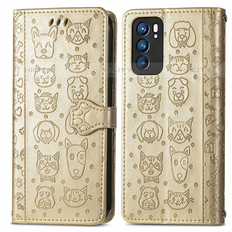 Funda de Cuero Cartera con Soporte Patron de Moda Carcasa S03D para Oppo Reno6 5G Oro