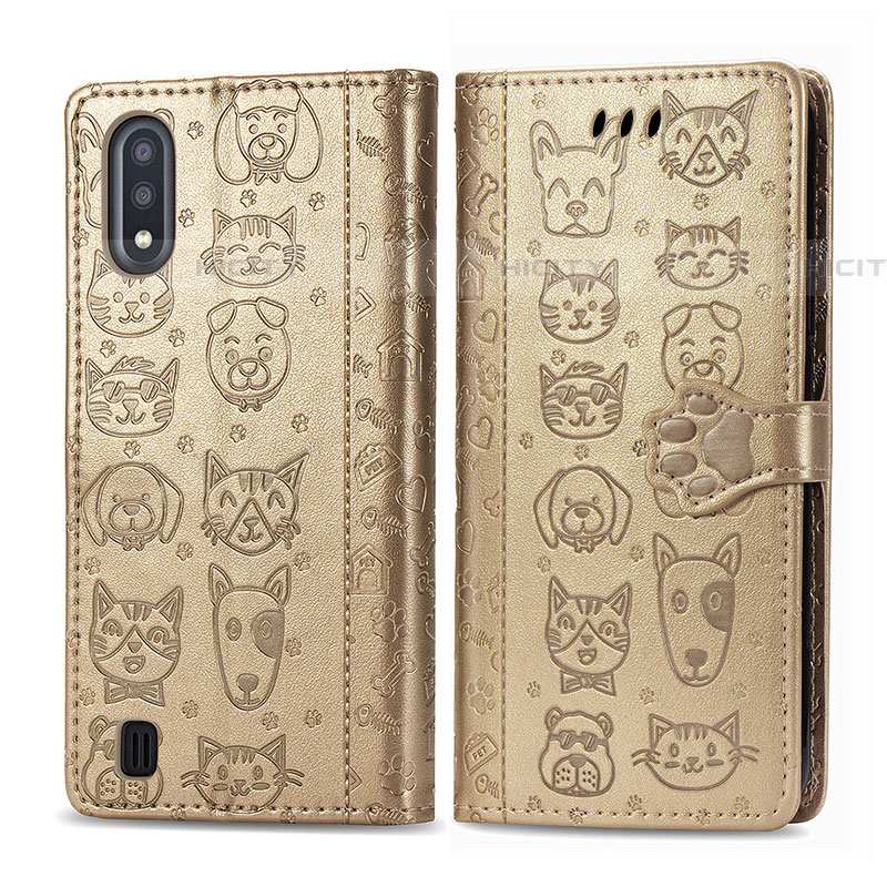 Funda de Cuero Cartera con Soporte Patron de Moda Carcasa S03D para Samsung Galaxy A01 SM-A015 Oro