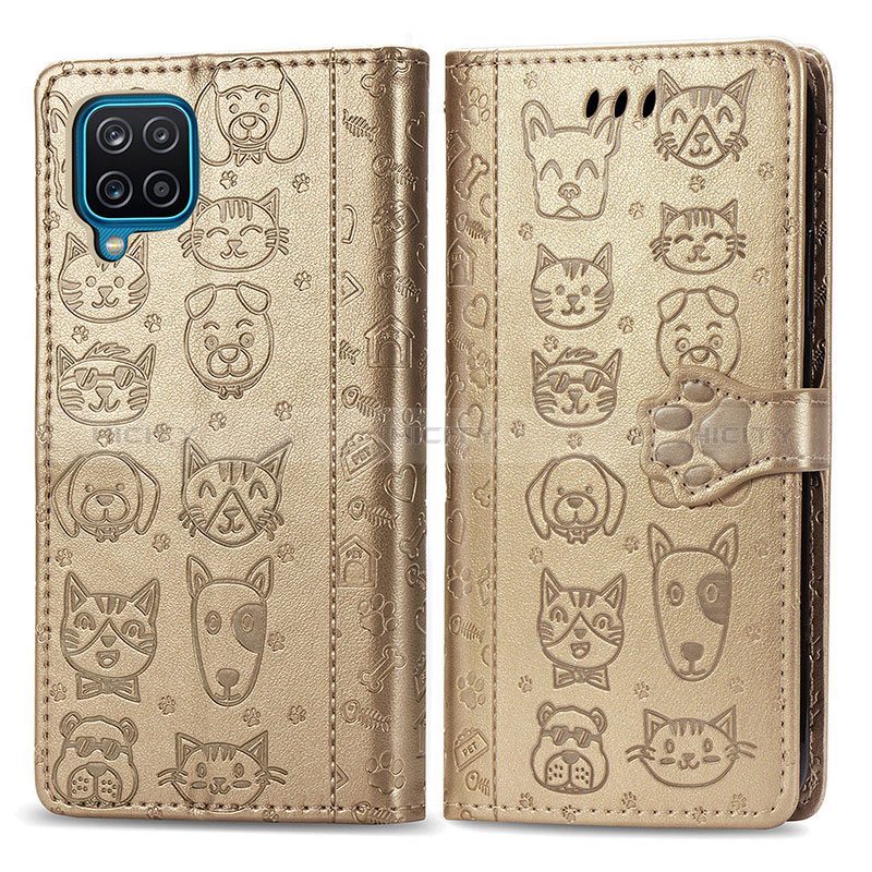 Funda de Cuero Cartera con Soporte Patron de Moda Carcasa S03D para Samsung Galaxy A12 Oro