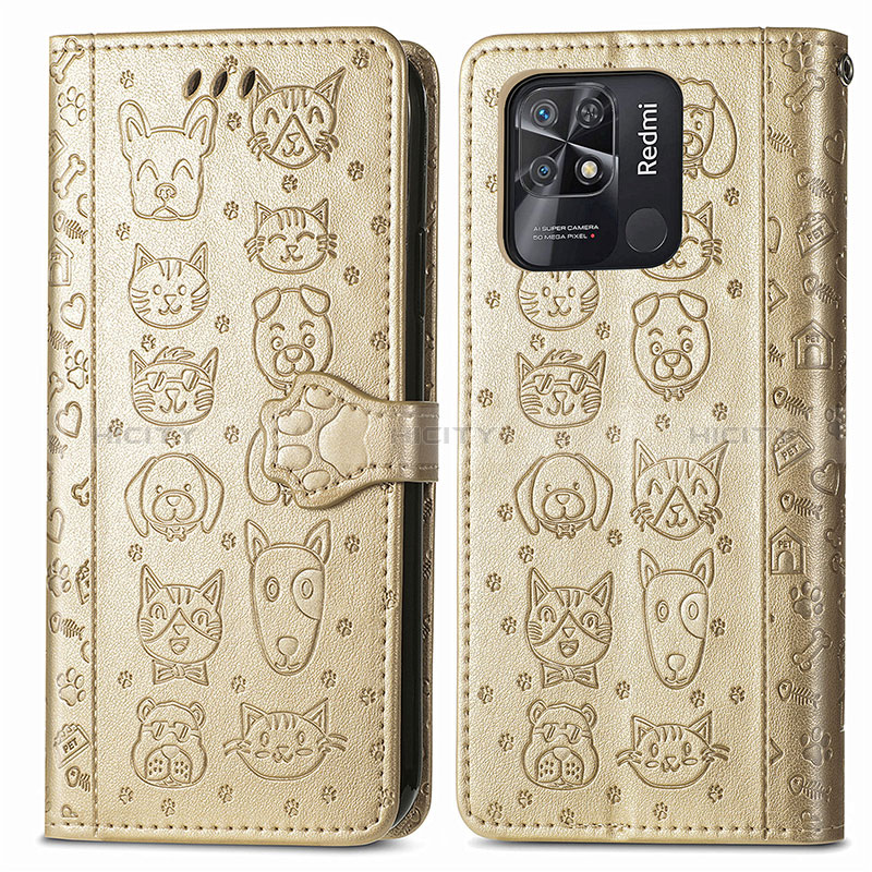 Funda de Cuero Cartera con Soporte Patron de Moda Carcasa S03D para Xiaomi Redmi 10 India Oro