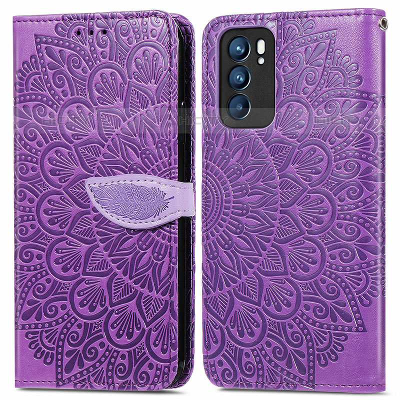 Funda de Cuero Cartera con Soporte Patron de Moda Carcasa S04D para Oppo Reno6 5G Morado