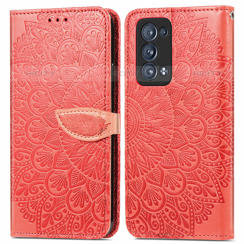 Funda de Cuero Cartera con Soporte Patron de Moda Carcasa S04D para Oppo Reno6 Pro+ Plus 5G Rojo