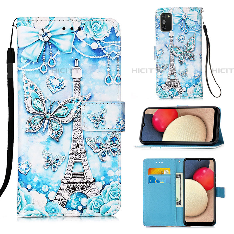 Funda de Cuero Cartera con Soporte Patron de Moda Carcasa Y02B para Samsung Galaxy A03s Azul Claro