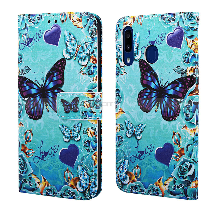 Funda de Cuero Cartera con Soporte Patron de Moda Carcasa Y02B para Samsung Galaxy A20 Azul Cielo