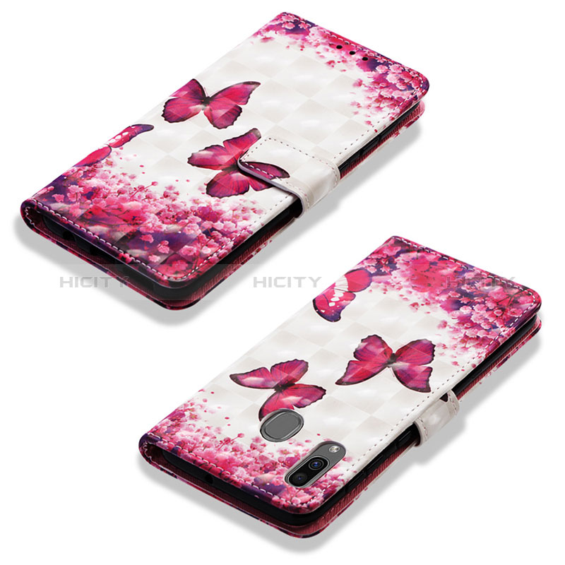 Funda de Cuero Cartera con Soporte Patron de Moda Carcasa Y03B para Samsung Galaxy A20 Rosa Roja