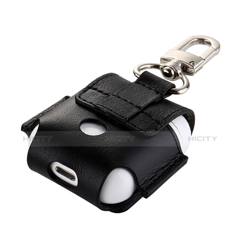 Funda de Cuero con Mosqueton Enchufe para AirPods Carcasa de Carga A01 Negro