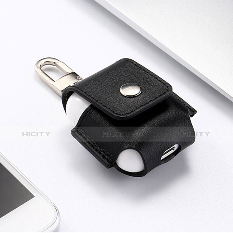 Funda de Cuero con Mosqueton Enchufe para AirPods Carcasa de Carga A01 Negro