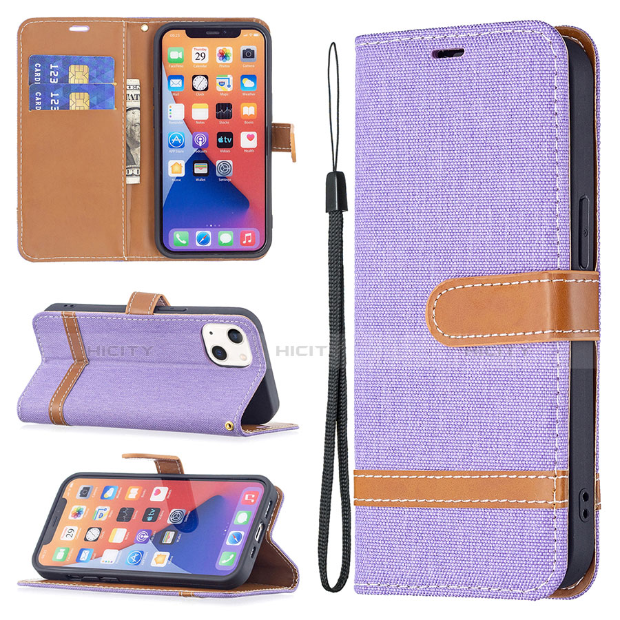 Funda de pano Cartera con Soporte para Apple iPhone 14 Morado