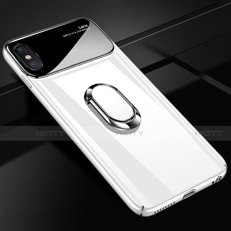 Funda Dura Plastico Rigida Carcasa Mate con Magnetico Anillo de dedo Soporte A01 para Apple iPhone Xs Blanco