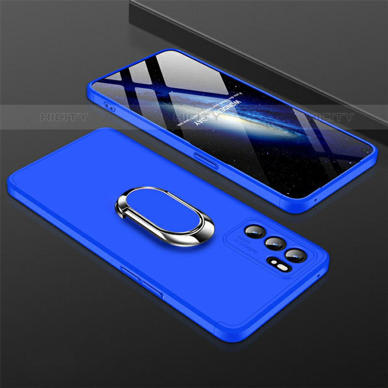 Funda Dura Plastico Rigida Carcasa Mate con Magnetico Anillo de dedo Soporte GK1 para Oppo Reno6 Pro 5G India Azul