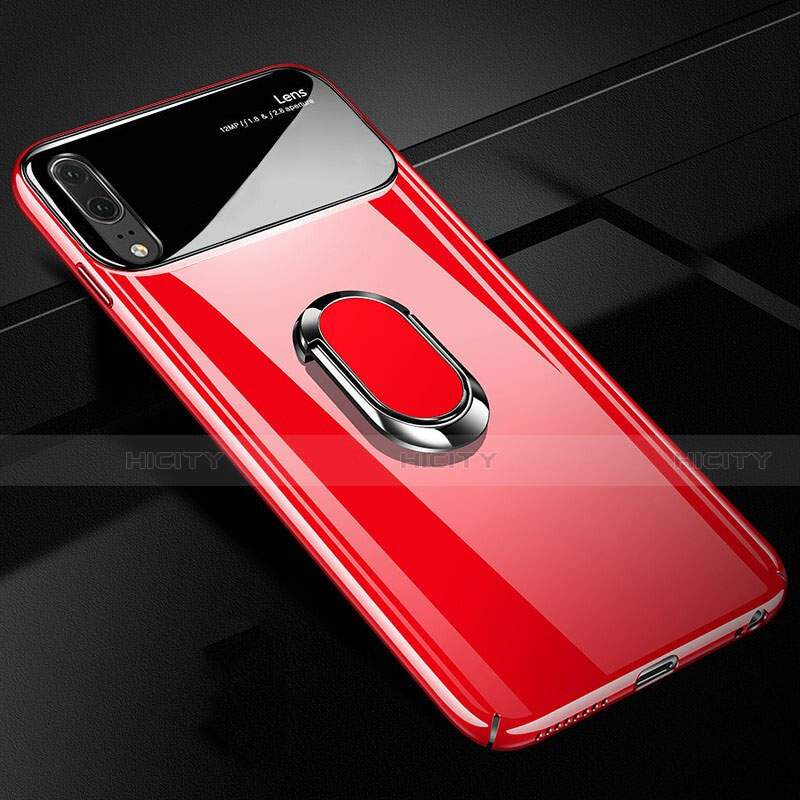 Funda Dura Plastico Rigida Carcasa Mate con Magnetico Anillo de dedo Soporte P01 para Huawei P20 Rojo