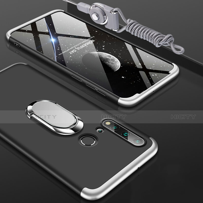 Funda Dura Plastico Rigida Carcasa Mate con Magnetico Anillo de dedo Soporte P02 para Huawei P20 Lite (2019) Plata y Negro