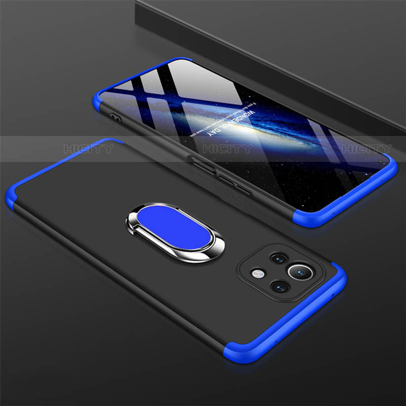 Funda Dura Plastico Rigida Carcasa Mate con Magnetico Anillo de dedo Soporte P02 para Xiaomi Mi 11 Lite 5G NE Azul y Negro