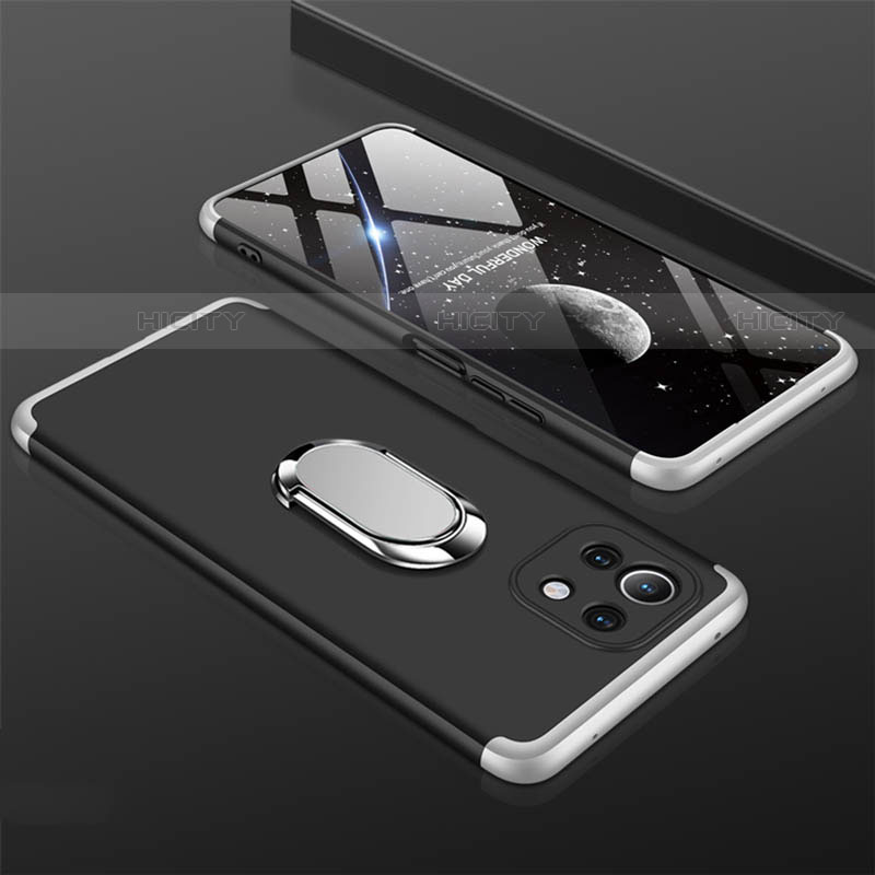 Funda Dura Plastico Rigida Carcasa Mate con Magnetico Anillo de dedo Soporte P02 para Xiaomi Mi 11 Lite 5G NE Plata y Negro