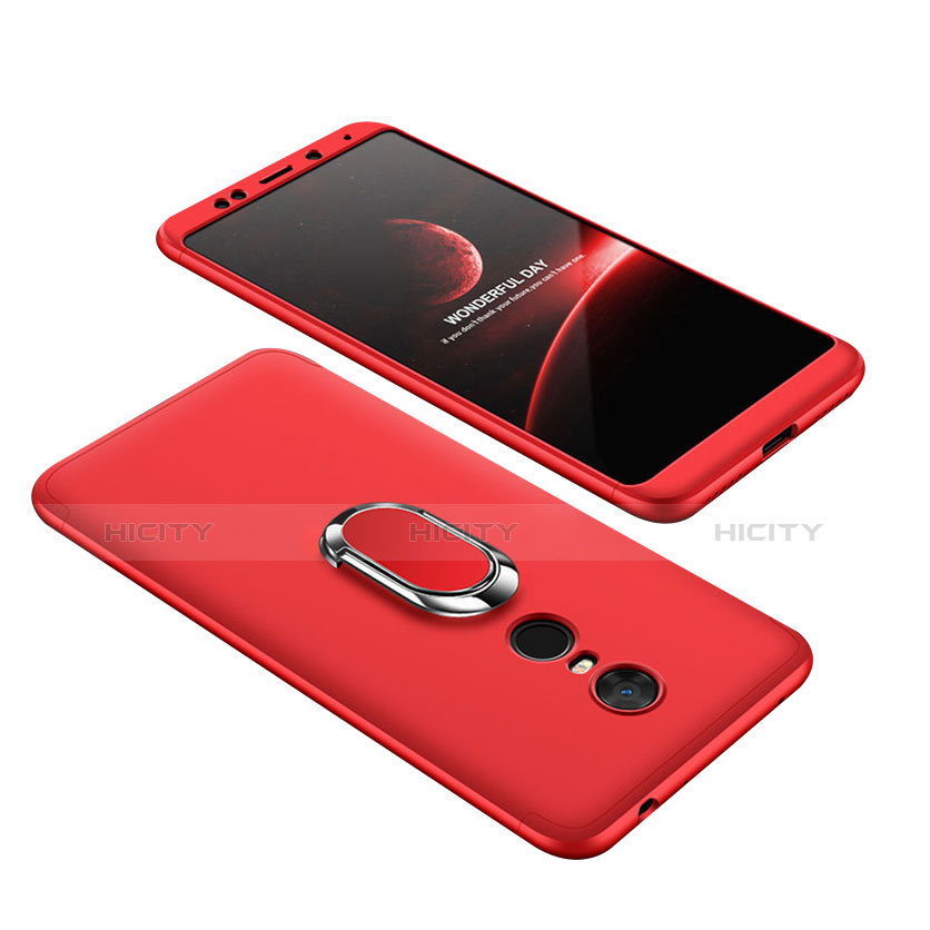 Funda Dura Plastico Rigida Carcasa Mate Frontal y Trasera 360 Grados con Anillo de dedo Soporte para Xiaomi Redmi 5 Plus Rojo