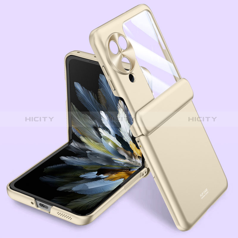 Funda Dura Plastico Rigida Carcasa Mate Frontal y Trasera 360 Grados GK1 para Oppo Find N3 Flip 5G Oro