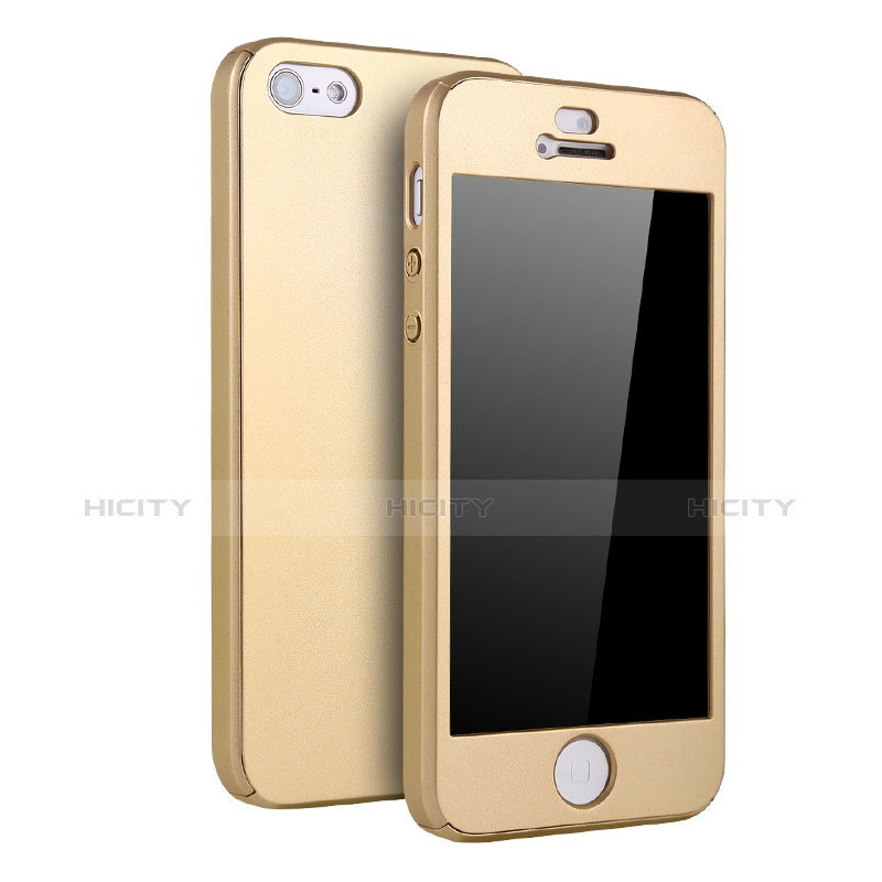 Funda Dura Plastico Rigida Carcasa Mate Frontal y Trasera 360 Grados para Apple iPhone 5 Oro