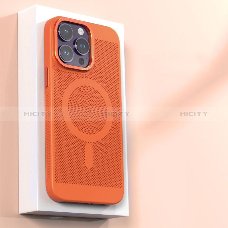 Funda Dura Plastico Rigida Carcasa Perforada con Mag-Safe Magnetic para Apple iPhone 16 Pro Max Naranja