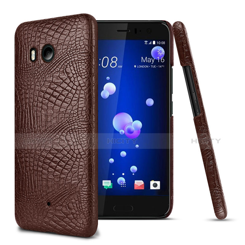 Funda Dura Plastico Rigida de Cuero para HTC U11 Marron