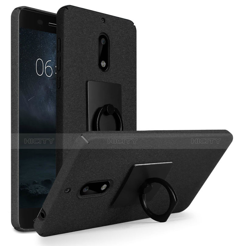 Funda Dura Plastico Rigida Fino Arenisca con Anillo de dedo Soporte para Nokia 6 Negro