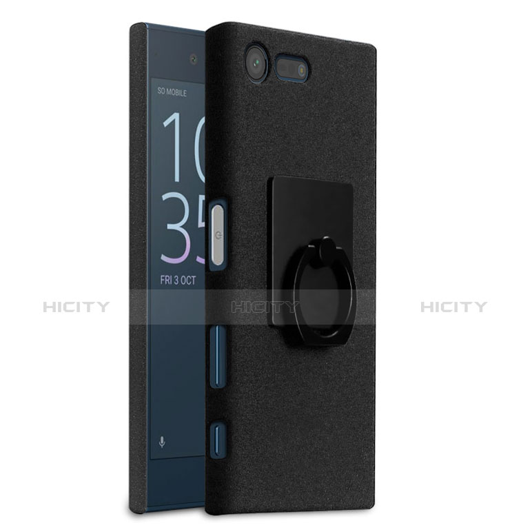 Funda Dura Plastico Rigida Fino Arenisca con Anillo de dedo Soporte para Sony Xperia X Compact Negro