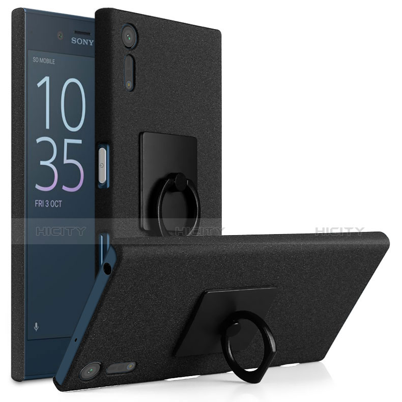 Funda Dura Plastico Rigida Fino Arenisca con Anillo de dedo Soporte para Sony Xperia XZ Negro