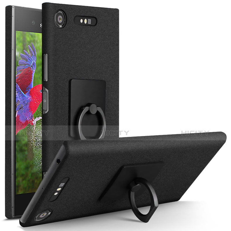 Funda Dura Plastico Rigida Fino Arenisca con Anillo de dedo Soporte para Sony Xperia XZ1 Negro