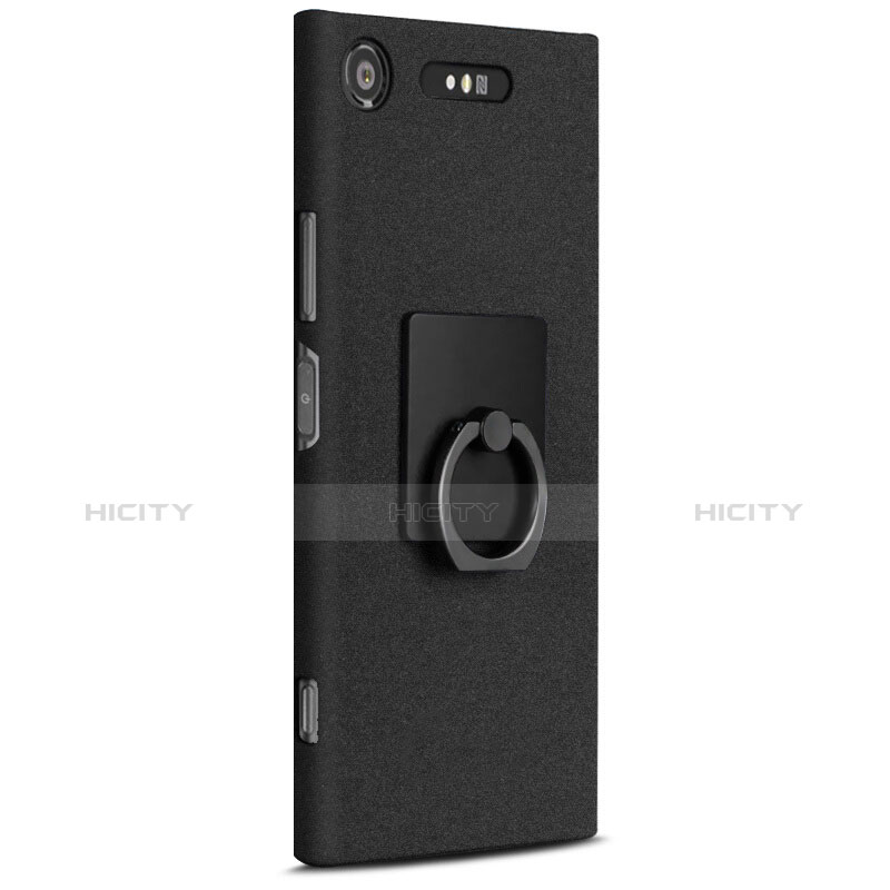 Funda Dura Plastico Rigida Fino Arenisca con Anillo de dedo Soporte para Sony Xperia XZ1 Negro