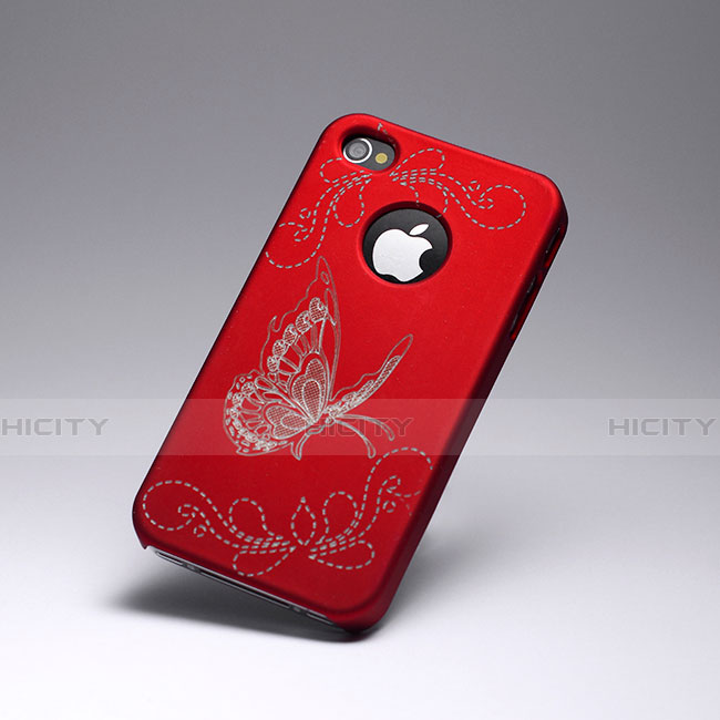 Funda Dura Plastico Rigida Mariposa para Apple iPhone 4 Rojo