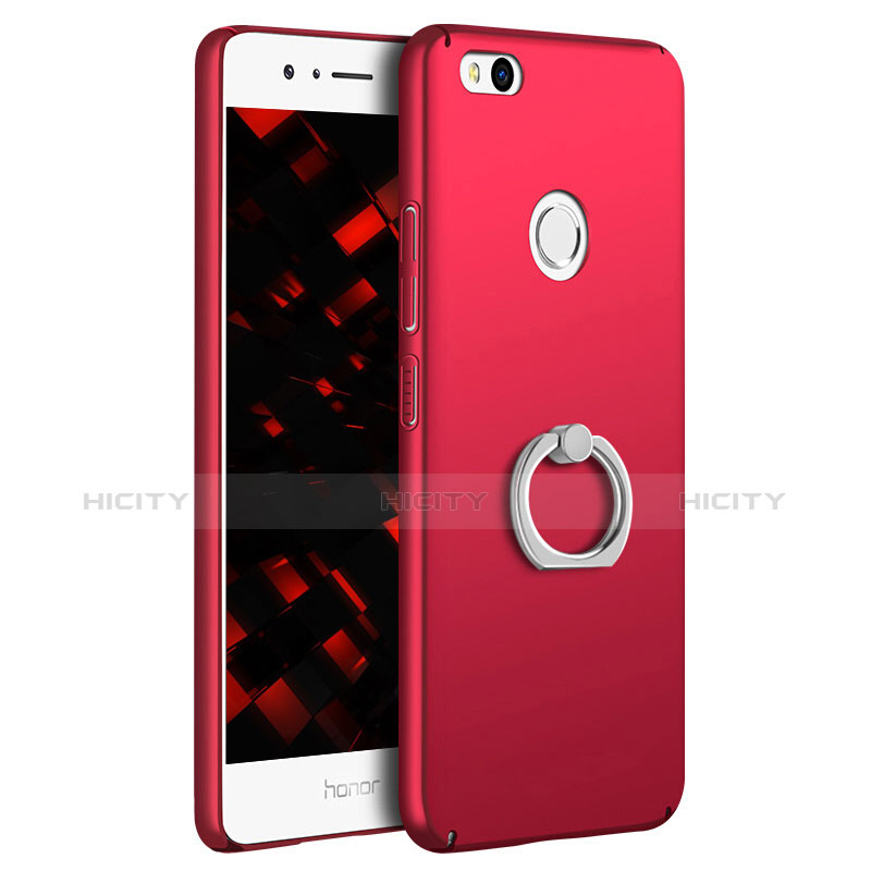 Funda Dura Plastico Rigida Mate con Anillo de dedo Soporte A03 para Huawei GR3 (2017) Rojo