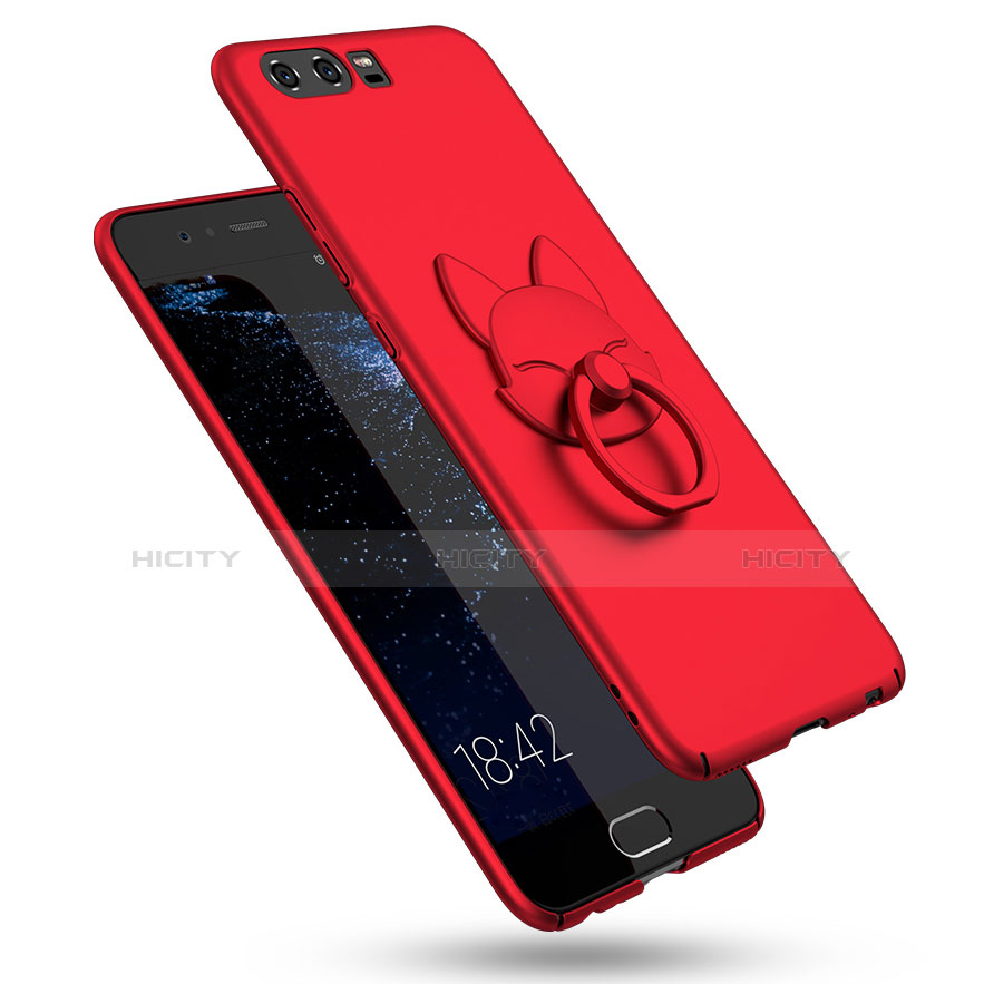 Funda Dura Plastico Rigida Mate con Anillo de dedo Soporte A04 para Huawei P10 Rojo