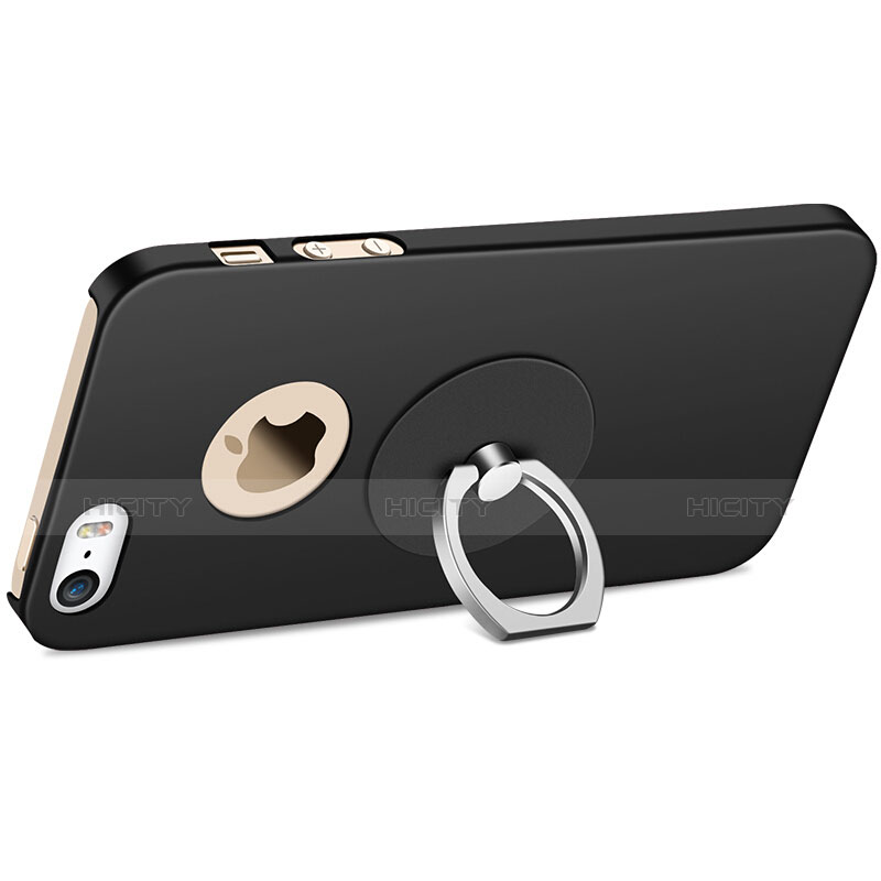 Funda Dura Plastico Rigida Mate con Anillo de dedo Soporte para Apple iPhone 5 Negro