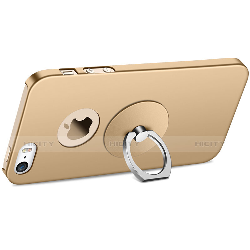 Funda Dura Plastico Rigida Mate con Anillo de dedo Soporte para Apple iPhone 5S Oro