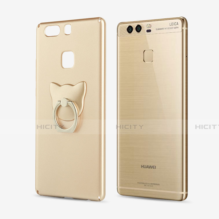 Funda Dura Plastico Rigida Mate con Anillo de dedo Soporte para Huawei P9 Oro