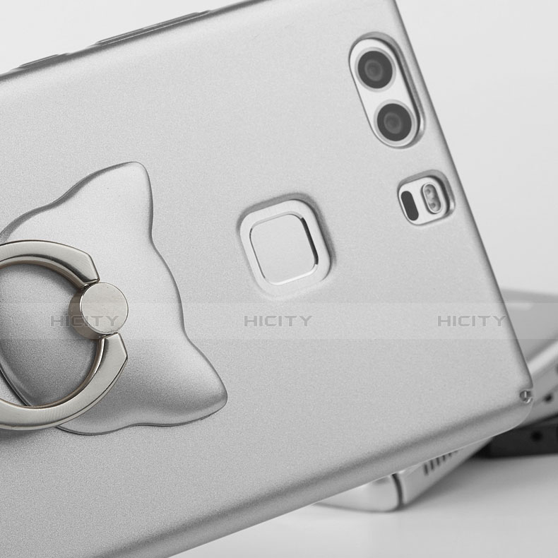 Funda Dura Plastico Rigida Mate con Anillo de dedo Soporte para Huawei P9 Plata