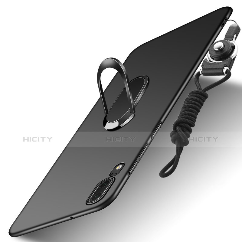 Funda Dura Plastico Rigida Mate con Anillo de dedo Soporte y Lanyard para Huawei P20 Negro