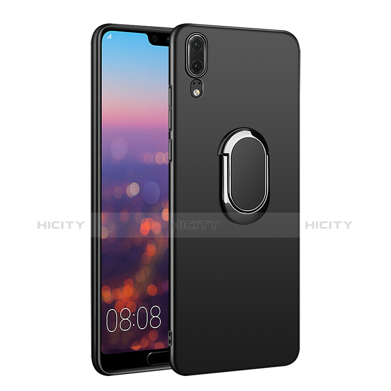 Funda Dura Plastico Rigida Mate con Anillo de dedo Soporte y Lanyard para Huawei P20 Negro