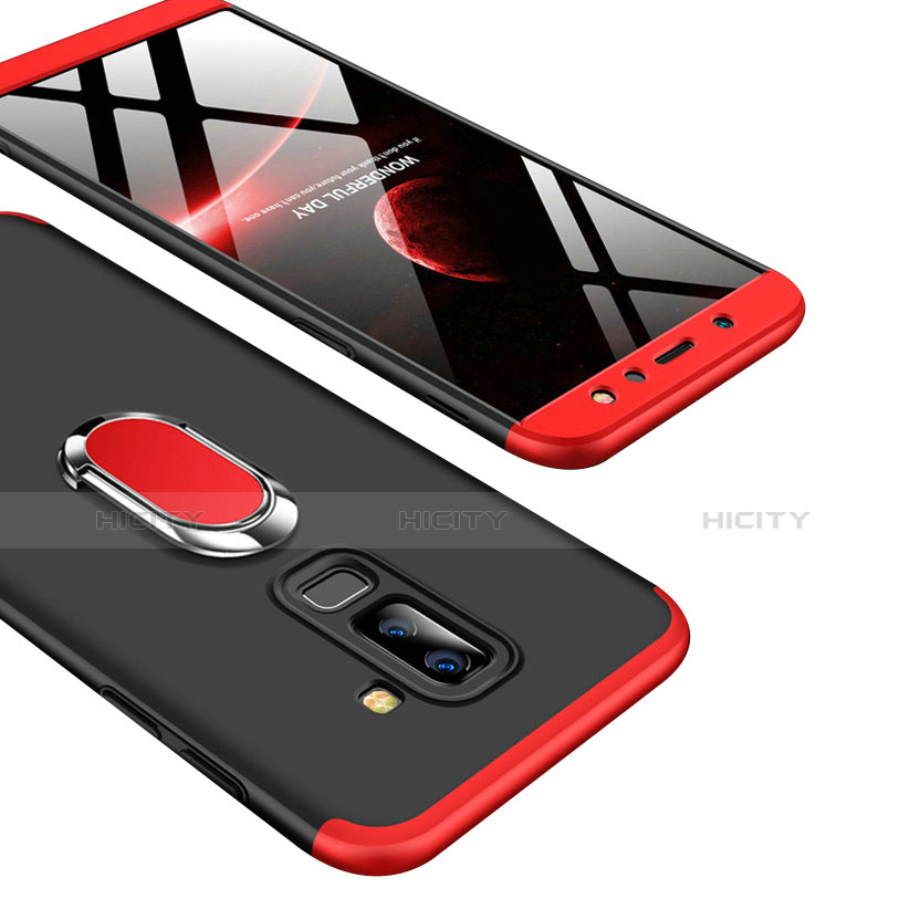 Funda Dura Plastico Rigida Mate Frontal y Trasera 360 Grados con Anillo de dedo Soporte Q01 para Samsung Galaxy A6 Plus Rojo y Negro