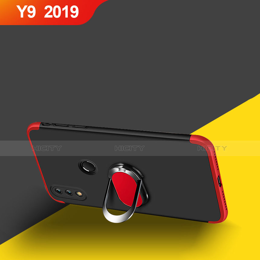 Funda Dura Plastico Rigida Mate Frontal y Trasera 360 Grados con Magnetico Anillo de dedo Soporte para Huawei Y9 (2019) Rojo y Negro