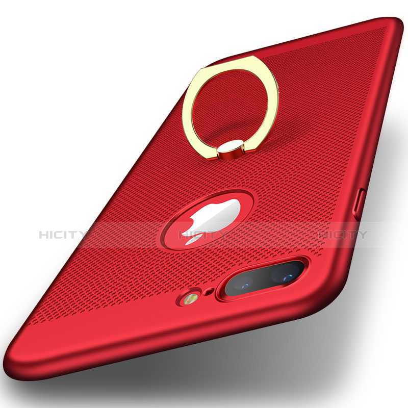 Funda Dura Plastico Rigida Perforada con Anillo de dedo Soporte para Apple iPhone 7 Plus Rojo