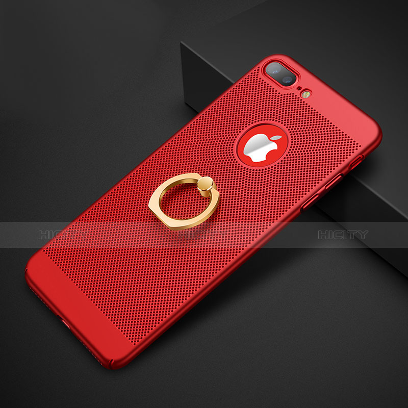 Funda Dura Plastico Rigida Perforada con Anillo de dedo Soporte para Apple iPhone 7 Plus Rojo